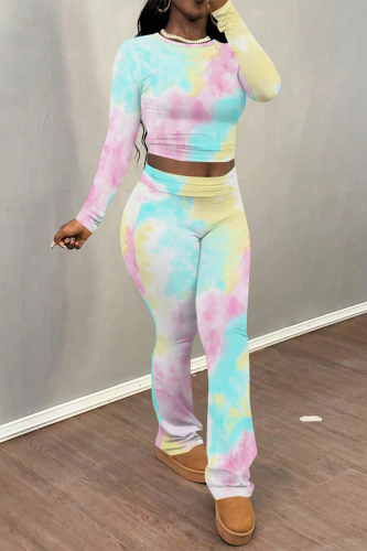 Brown Letters Tie Dye Chain Print O Neck Long Sleeve Crop T Shirt and Flare Leg Pants Sportwear Casual Two Pieces Jogger Sets