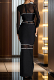 Black Hot Drill Accents O Neck Mesh Sheer Long Sleeve Formal Evening Party Prom Gown Bodycon Maxi Dresses