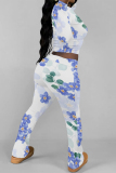 Light Purple Floral Print O Neck Long Sleeve Crop T Shirt And Flare Leg Pants Sportwear Casual Two Pieces Jogger Sets