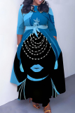 Blue Brown Casual African Figure Print O Neck 3/4 Sleeve Belted Pockets Long Vacation Pleated Maxi Dresses