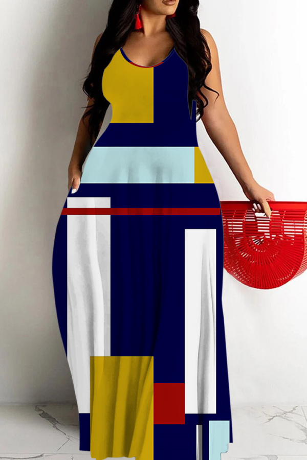 Multicolor Boho Graphics Print Backless Spaghetti Strap Floor Length Vacation Baggy Plus Size Sundress Slip Maxi Dress