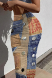 Dark Blue Casual Faux Denim Print Contrast High Waist Skinny Maxi Skirt