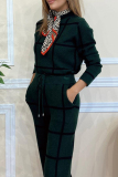 Green Plaid Print Turtleneck Long Sleeve Tops And Wide Leg Pants Formal Office Lady Casual Two Pieces Trouser Sets