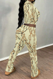 Brown Letters Tie Dye Chain Print O Neck Long Sleeve Crop T Shirt and Flare Leg Pants Sportwear Casual Two Pieces Jogger Sets