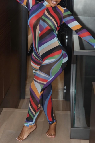 Multicolor Striped Print Turtleneck Mesh Long Sleeve Casual Skinny Jumpsuits One Piece Bodysuit