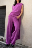 Purple O Neck Sleeveless High Low Hem Knitted Sweater Tops and Wide Leg Pants Casual Two Pieces Trouser Sets