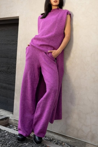 Purple O Neck Sleeveless High Low Hem Knitted Sweater Tops and Wide Leg Pants Casual Two Pieces Trouser Sets