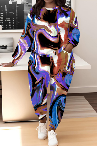 Blue Brown Graphics Boho Print O Neck Long Sleeve Sweatshirt And Skinny Pants Casual Sportwear Two Pieces Sweatsuit Sets