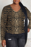 Dark Brown Leopard Print V Neck Casual Outing Fall Winter Sweatshirt