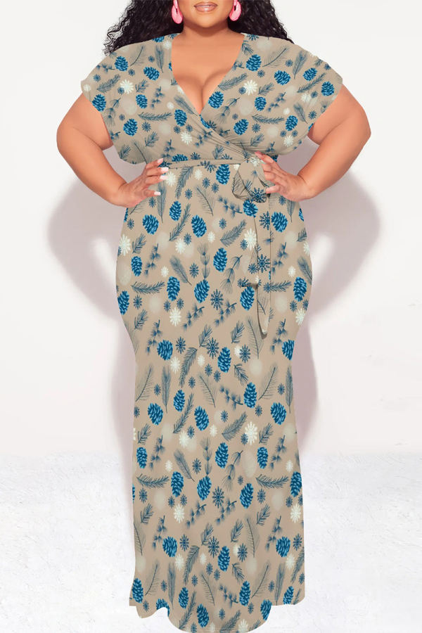 Blue Floral Print V Neck Short Sleeve Lace Up Plus Size Bodycon Maxi Dresses