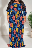 Blue Pink Floral Leaf Print 3/4 Sleeve O Neck Floor Length High Waist Lace Up Vacation Casual Outing Plus Size Loose Maxi Dress