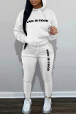 White Cyan Letter Print Hooded Long Sleeve Sweatshirts and Drawstring Pants Sportwear Casual Two Pieces Sweatsuit Sets