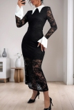 Black with White Contrast Trim Turndown Collar Petal Sleeve Formal Evening Party Prom Gown Bodycon Sheer Lace Maxi Dresses