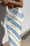 Blue Casual Stripe Letters Faux Denim Print High Waist Skinny Maxi Skirt