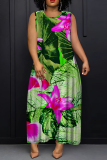 Multicolor African Floral Print Sleeveless O Neck Long Casual Loose Maxi Tank Dresses