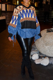 Blue V Neck Lantern Sleeve Belted Denim Patchwork Casual Knitted Sweater Tops