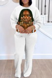 White Brown Casual Graphics Print O Neck Long Sleeve Sweatshirt And Pants Two Pieces Jogger Sets