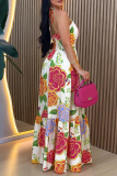 Multicolor Floral Print Backless Sleeveless Belted Ruffle Hem Vacation Long Halter Maxi Dresses