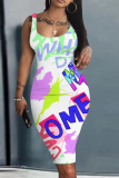 Multicolor Graphics Print U Neck Sleeveless Vacation Bodycon Midi Tank Dress