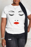 White Face Print O Neck Short Sleeve Casual Oversize Graphics T-Shirts
