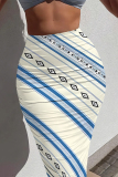 Blue Casual Stripe Letters Faux Denim Print High Waist Skinny Maxi Skirt