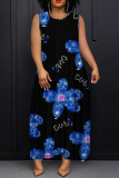 Rose Red African Floral Print Sleeveless O Neck Long Casual Loose Maxi Tank Dresses