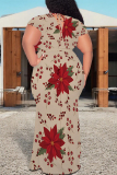 Blue Floral Print V Neck Short Sleeve Lace Up Plus Size Bodycon Maxi Dresses