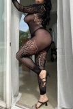 Black Mesh See-Through Long Sleeve Backless Lingerie One Piece Bodysuit