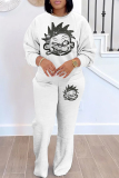 White Brown Casual Graphics Print O Neck Long Sleeve Sweatshirt And Pants Two Pieces Jogger Sets