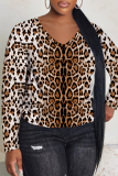 Dark Brown Leopard Print V Neck Casual Outing Fall Winter Sweatshirt