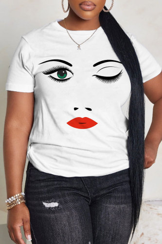 White Face Print O Neck Short Sleeve Casual Oversize Graphics T-Shirts