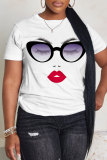 White Face Print O Neck Short Sleeve Casual Oversize Graphics T-Shirts