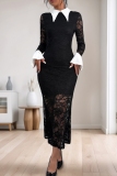 Black with White Contrast Trim Turndown Collar Petal Sleeve Formal Evening Party Prom Gown Bodycon Sheer Lace Maxi Dresses