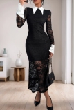 Black with White Contrast Trim Turndown Collar Petal Sleeve Formal Evening Party Prom Gown Bodycon Sheer Lace Maxi Dresses