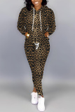 Leopard Print Long Sleeve Hooded Sweatshirt and Skinny Pants Casual Sportwear Matching Sweatsuit set