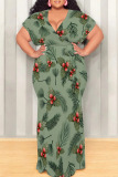 Blue Floral Print V Neck Short Sleeve Lace Up Plus Size Bodycon Maxi Dresses