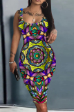 Multicolor Graphics Print U Neck Sleeveless Vacation Bodycon Midi Tank Dress