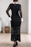 Black with White Contrast Trim Turndown Collar Petal Sleeve Formal Evening Party Prom Gown Bodycon Sheer Lace Maxi Dresses