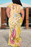 Blue Floral Print V Neck Short Sleeve Lace Up Plus Size Bodycon Maxi Dresses