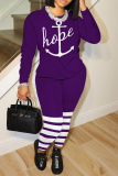 Dark Blue Striped Letter Print O Neck Long Sleeve Sweatshirt And Skinny Pants Casual Two Pieces Sweatsuit Sets