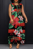 Rose Red African Floral Print Sleeveless O Neck Long Casual Loose Maxi Tank Dresses