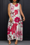 Rose Red African Floral Print Sleeveless O Neck Long Casual Loose Maxi Tank Dresses
