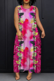 Rose Red African Floral Print Sleeveless O Neck Long Casual Loose Maxi Tank Dresses