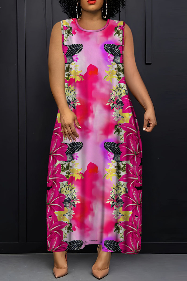Rose Red African Floral Print Sleeveless O Neck Long Casual Loose Maxi Tank Dresses