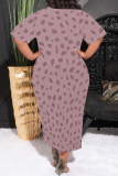 Brown Geometric Stripe Gradient Print O Neck Short Sleeve Casual Loose Plus Size Maxi T-shirt Dresses
