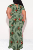 Blue Floral Print V Neck Short Sleeve Lace Up Plus Size Bodycon Maxi Dresses