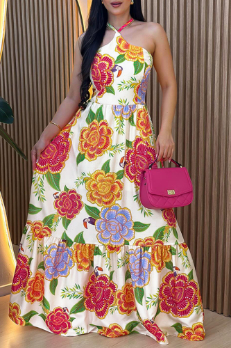 Multicolor Floral Print Backless Sleeveless Belted Ruffle Hem Vacation Long Halter Maxi Dresses