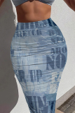 Blue Casual Stripe Letters Faux Denim Print High Waist Skinny Maxi Skirt