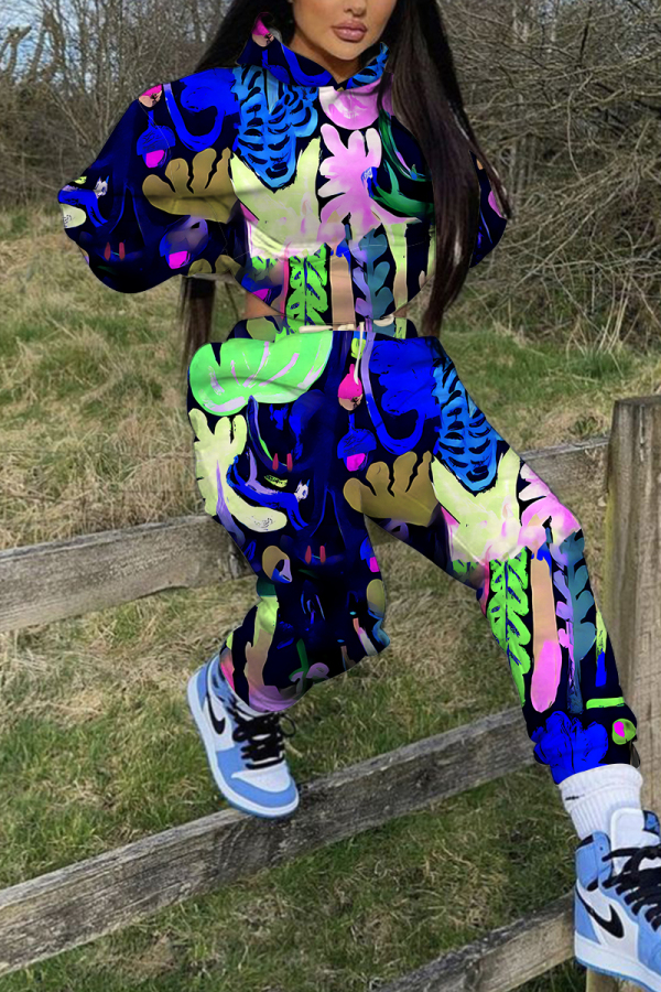 Blue Graphics Print Hooded Long Sleeve Sweatshirts and Drawstring Pants Sportwear Casual Two Pieces Sweatsuit Sets