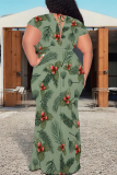 Blue Floral Print V Neck Short Sleeve Lace Up Plus Size Bodycon Maxi Dresses